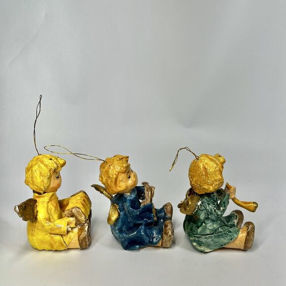 VTG Paper Mache Christmas Angel Ornament Playing Instrument Holiday Lot Of 3 - Picture 5 of 7